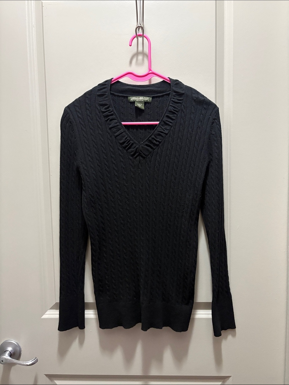Eddie Bauer Black Cable-Knit V-Neck Sweater with Ruffle Trim